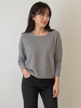 Plus Size Light Gray Ribbed Crewneck Sweater By Tahari